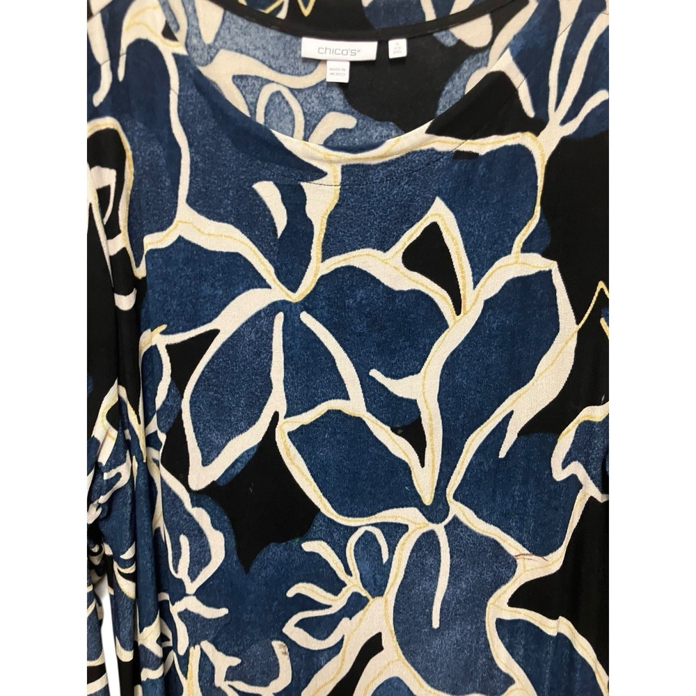 Chicos Maxi Dress Long Sleeve Slinky Jersey Leg Slit Blue Hawaiian Print 2X XXL - Picture 3 of 9
